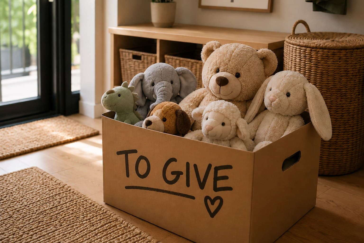 A box marked to give away, set down in front of a sideboard
