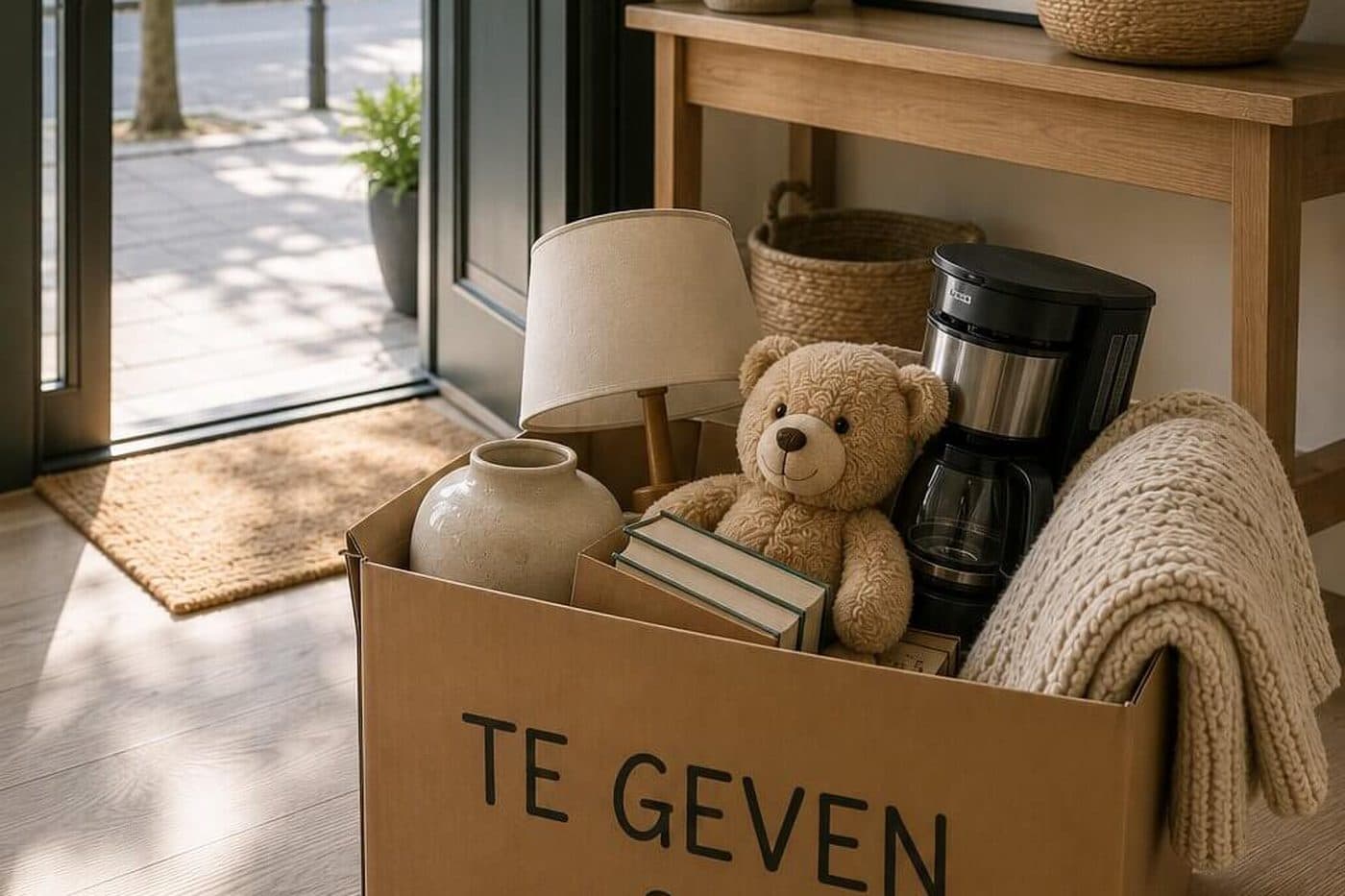 Een doos met te geven, in de gang van een gebouw